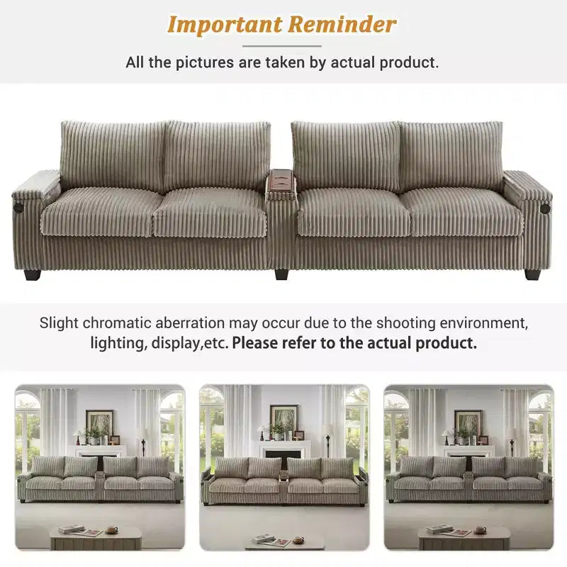MAYEERTY 4 Seater Corduroy Sofa Couch 133 Modern Sofa with Ports Hidden Storage Arms Flip Top Cup Holders for Living Room Brown