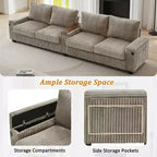 MAYEERTY 4 Seater Corduroy Sofa Couch 133 Modern Sofa with Ports Hidden Storage Arms Flip Top Cup Holders for Living Room Brown