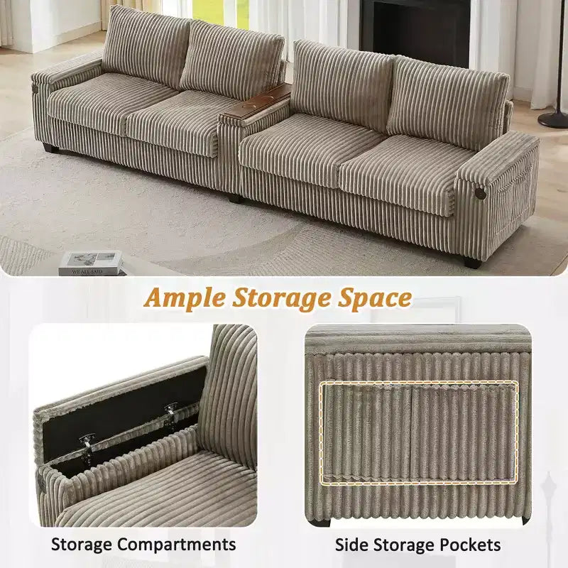 MAYEERTY 4 Seater Corduroy Sofa Couch 133 Modern Sofa with Ports Hidden Storage Arms Flip Top Cup Holders for Living Room Brown