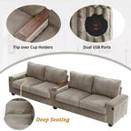 MAYEERTY 4 Seater Corduroy Sofa Couch 133 Modern Sofa with Ports Hidden Storage Arms Flip Top Cup Holders for Living Room Brown