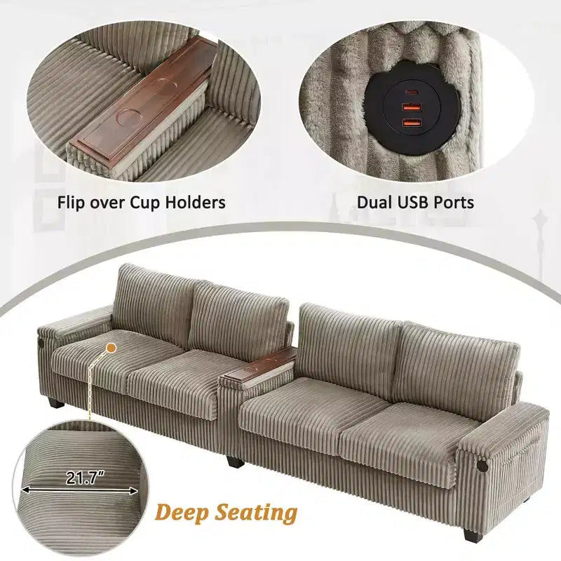 MAYEERTY 4 Seater Corduroy Sofa Couch 133 Modern Sofa with Ports Hidden Storage Arms Flip Top Cup Holders for Living Room Brown