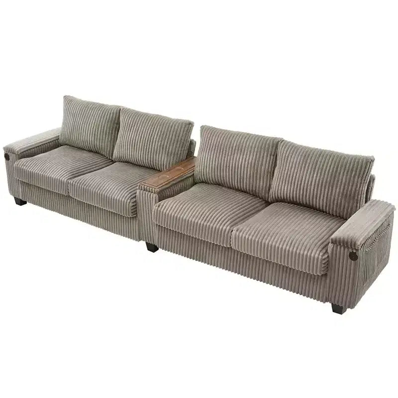 MAYEERTY 4 Seater Corduroy Sofa Couch 133 Modern Sofa with Ports Hidden Storage Arms Flip Top Cup Holders for Living Room Brown