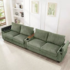 MAYEERTY 4 Seater Corduroy Sofa Couch 133 Modern Sofa with Ports Hidden Storage Arms Flip Top Cup Holders for Living Room Green