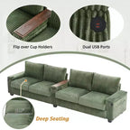 MAYEERTY 4 Seater Corduroy Sofa Couch 133 Modern Sofa with Ports Hidden Storage Arms Flip Top Cup Holders for Living Room Green