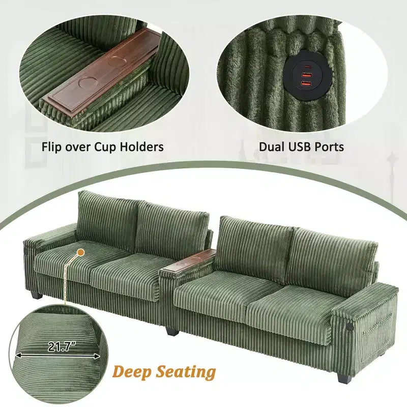 MAYEERTY 4 Seater Corduroy Sofa Couch 133 Modern Sofa with Ports Hidden Storage Arms Flip Top Cup Holders for Living Room Green