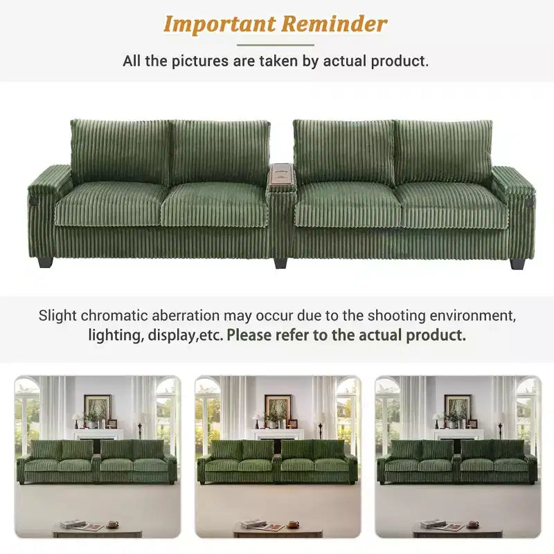 MAYEERTY 4 Seater Corduroy Sofa Couch 133 Modern Sofa with Ports Hidden Storage Arms Flip Top Cup Holders for Living Room Green