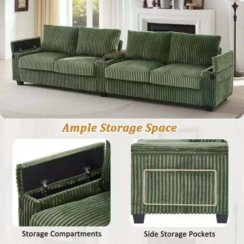 MAYEERTY 4 Seater Corduroy Sofa Couch 133 Modern Sofa with Ports Hidden Storage Arms Flip Top Cup Holders for Living Room Green