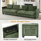 MAYEERTY 4 Seater Corduroy Sofa Couch 133 Modern Sofa with Ports Hidden Storage Arms Flip Top Cup Holders for Living Room Green