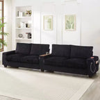 MAYEERTY 4 Seater Corduroy Sofa Couch 133 Modern Sofa with Ports Hidden Storage Arms Flip Top Cup Holders for Living Room Black