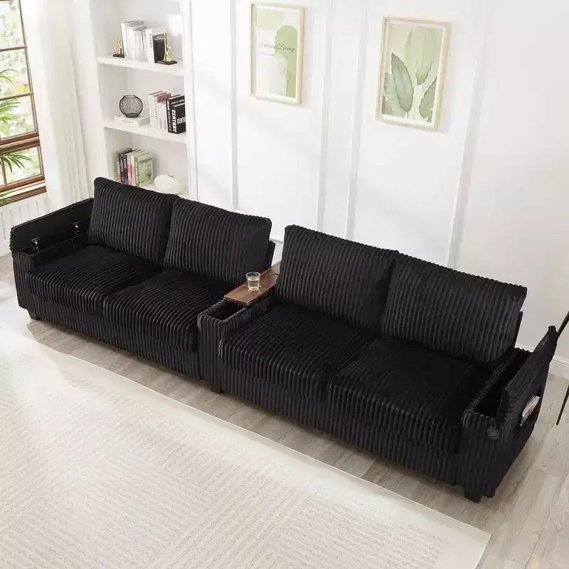 MAYEERTY 4 Seater Corduroy Sofa Couch 133 Modern Sofa with Ports Hidden Storage Arms Flip Top Cup Holders for Living Room Black