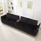 MAYEERTY 4 Seater Corduroy Sofa Couch 133 Modern Sofa with Ports Hidden Storage Arms Flip Top Cup Holders for Living Room Black