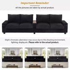 MAYEERTY 4 Seater Corduroy Sofa Couch 133 Modern Sofa with Ports Hidden Storage Arms Flip Top Cup Holders for Living Room Black