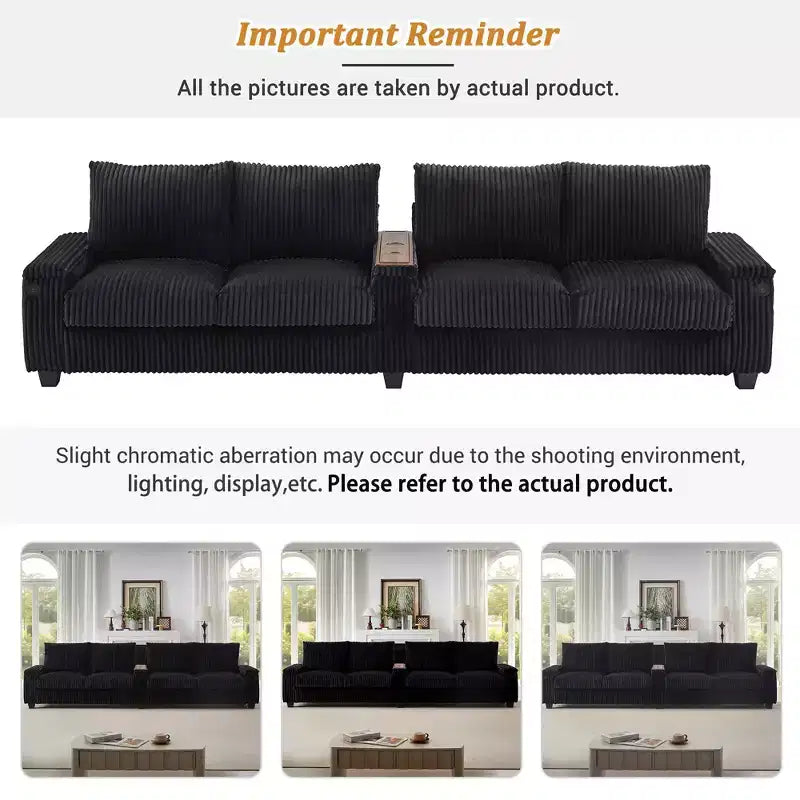 MAYEERTY 4 Seater Corduroy Sofa Couch 133 Modern Sofa with Ports Hidden Storage Arms Flip Top Cup Holders for Living Room Black