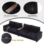 MAYEERTY 4 Seater Corduroy Sofa Couch 133 Modern Sofa with Ports Hidden Storage Arms Flip Top Cup Holders for Living Room Black