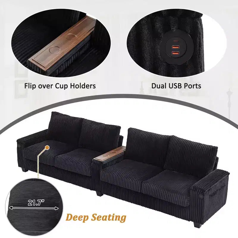MAYEERTY 4 Seater Corduroy Sofa Couch 133 Modern Sofa with Ports Hidden Storage Arms Flip Top Cup Holders for Living Room Black
