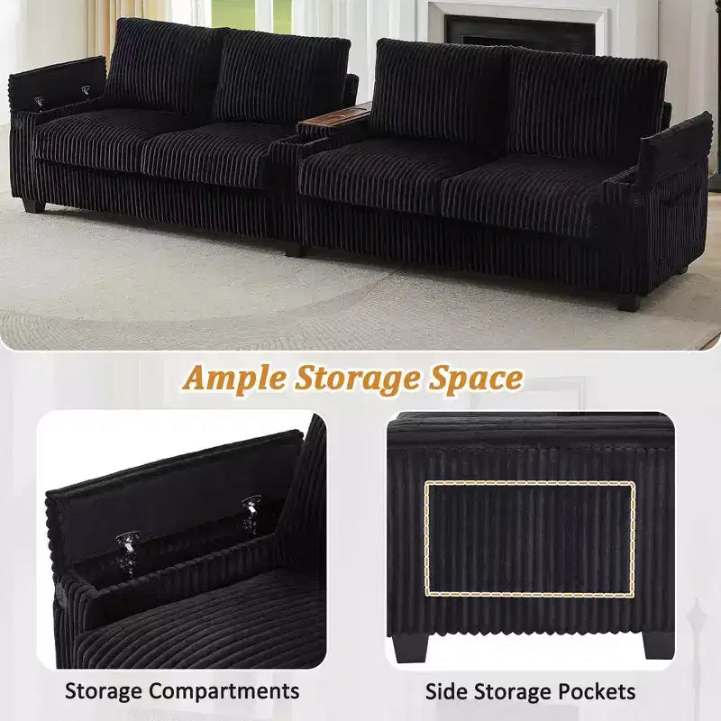 MAYEERTY 4 Seater Corduroy Sofa Couch 133 Modern Sofa with Ports Hidden Storage Arms Flip Top Cup Holders for Living Room Black