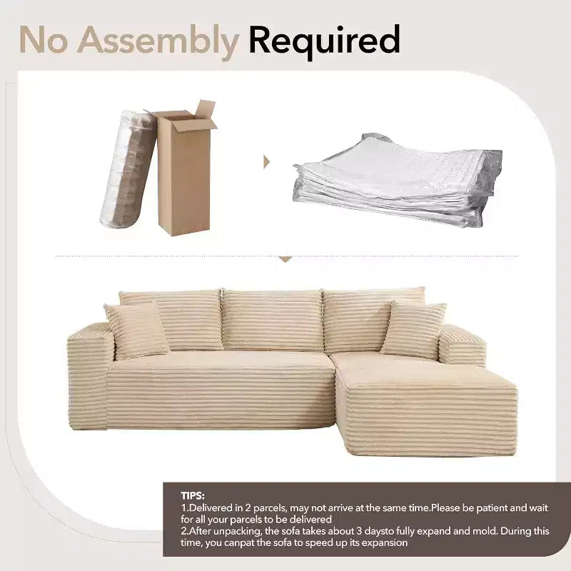 Canapé modulaire en forme de L de 274 cm, canapé moderne en velours côtelé, siège profond et moelleux sans structure, méridienne droite, sans assemblage, meuble de salon