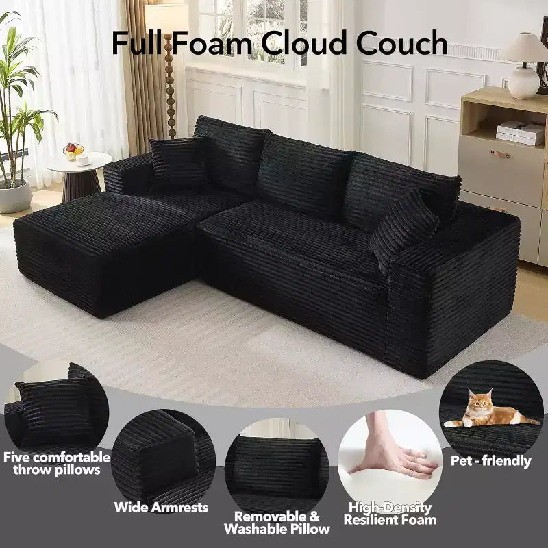 Canapé modulaire en forme de L de 274 cm, canapé moderne en velours côtelé, siège profond et moelleux sans structure, méridienne droite, sans assemblage, meuble de salon