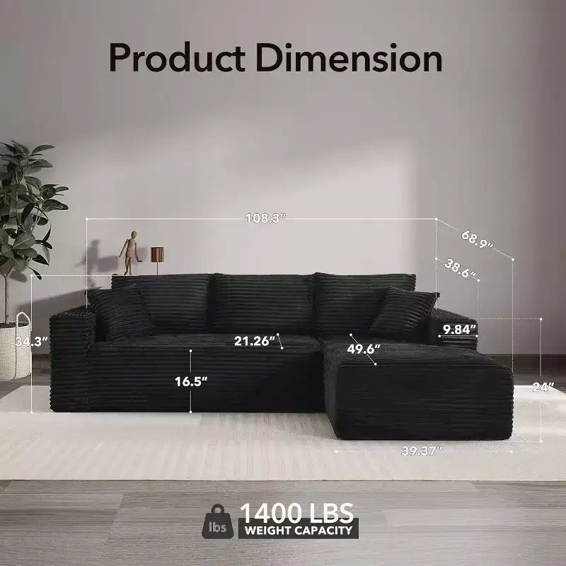 Canapé modulaire en forme de L de 274 cm, canapé moderne en velours côtelé, siège profond et moelleux sans structure, méridienne droite, sans assemblage, meuble de salon