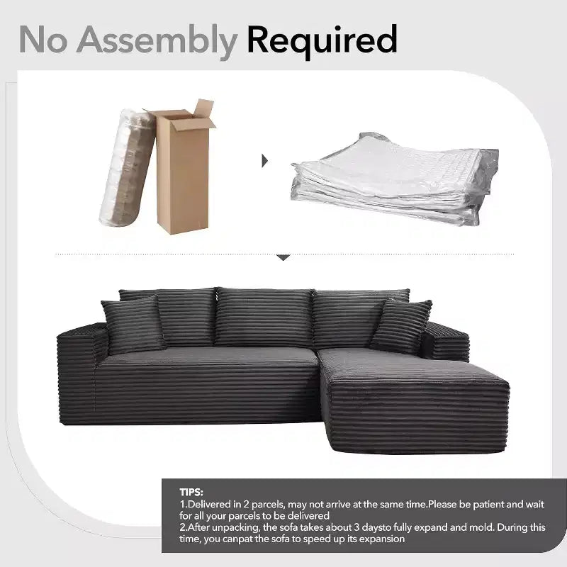 Canapé modulaire en forme de L de 274 cm, canapé moderne en velours côtelé, siège profond et moelleux sans structure, méridienne droite, sans assemblage, meuble de salon