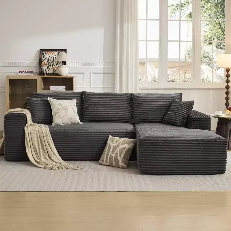 Canapé modulaire en forme de L de 274 cm, canapé moderne en velours côtelé, siège profond et moelleux sans structure, méridienne droite, sans assemblage, meuble de salon