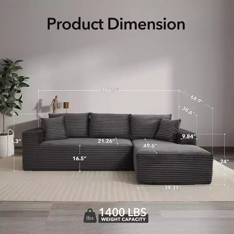 Canapé modulaire en forme de L de 274 cm, canapé moderne en velours côtelé, siège profond et moelleux sans structure, méridienne droite, sans assemblage, meuble de salon