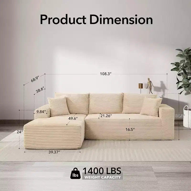 Canapé modulaire en forme de L de 274 cm, canapé moderne en velours côtelé, siège profond et moelleux sans structure, méridienne droite, sans assemblage, meuble de salon