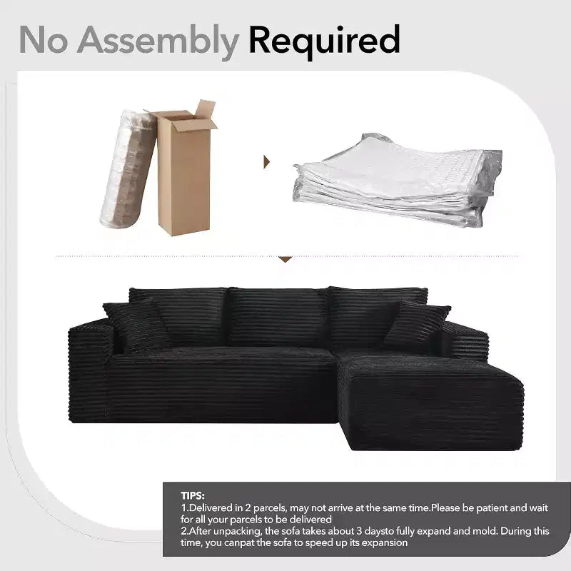 Canapé modulaire en forme de L de 274 cm, canapé moderne en velours côtelé, siège profond et moelleux sans structure, méridienne droite, sans assemblage, meuble de salon