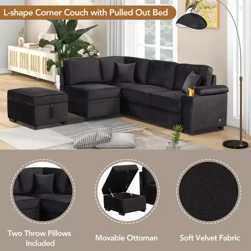 84.75 Sleeper Sofa Bed 2 in 1 Pull Out sofa bed L Shape Couch with Storage Ottoman for Living Room Bedroom Couch and Small Apartment