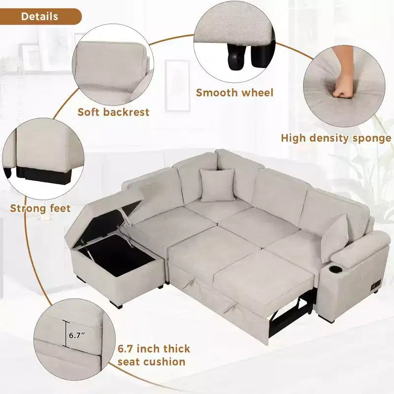 84.75 Sleeper Sofa Bed 2 in 1 Pull Out sofa bed L Shape Couch with Storage Ottoman for Living Room Bedroom Couch and Small Apartment