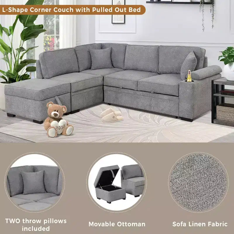 84.75 Sleeper Sofa Bed 2 in 1 Pull Out sofa bed L Shape Couch with Storage Ottoman for Living Room Bedroom Couch and Small Apartment