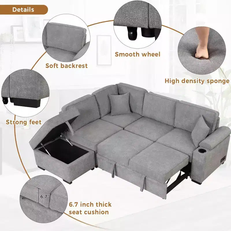 84.75 Sleeper Sofa Bed 2 in 1 Pull Out sofa bed L Shape Couch with Storage Ottoman for Living Room Bedroom Couch and Small Apartment