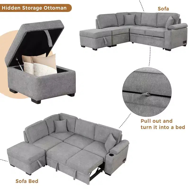 84.75 Sleeper Sofa Bed 2 in 1 Pull Out sofa bed L Shape Couch with Storage Ottoman for Living Room Bedroom Couch and Small Apartment