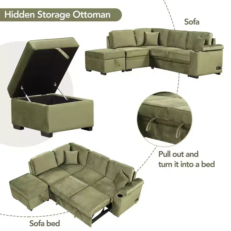 84.75 Sleeper Sofa Bed 2 in 1 Pull Out sofa bed L Shape Couch with Storage Ottoman for Living Room Bedroom Couch and Small Apartment