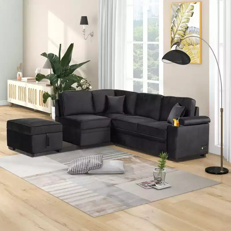 84.75 Sleeper Sofa Bed 2 in 1 Pull Out sofa bed L Shape Couch with Storage Ottoman for Living Room Bedroom Couch and Small Apartment