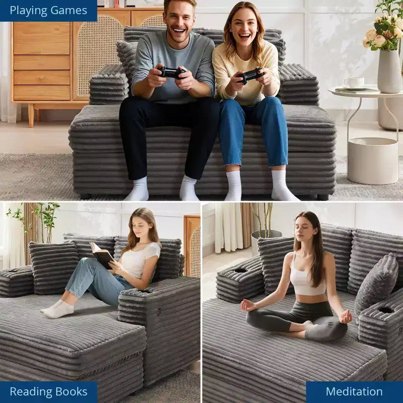Oversized Chaise Lounge Chair Indoor, Comfy Corduroy Lounge Sofa with Charging Station, Cup Holders & Throw Pillows, Cozy Sleeper Couch