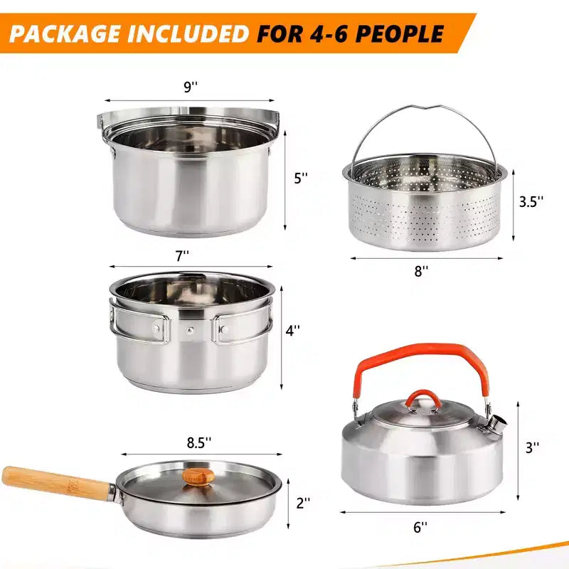 ROVSUN 6pcs Cookware Set, Stainless Steel Lightweight with Travel Bag for Open Fire, Camping, Outdoor Cooking for 4-6