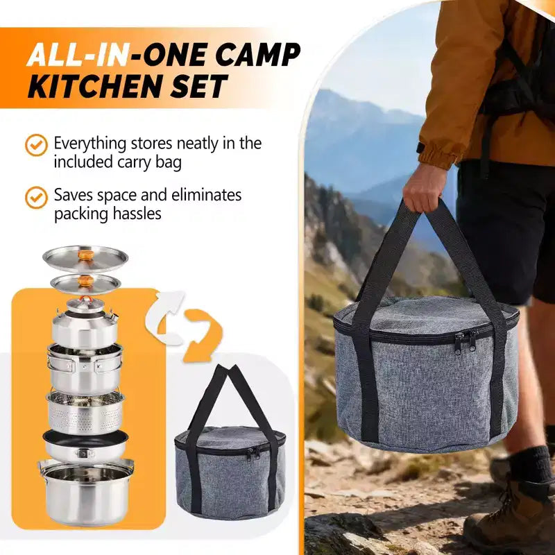 ROVSUN 6pcs Cookware Set, Stainless Steel Lightweight with Travel Bag for Open Fire, Camping, Outdoor Cooking for 4-6