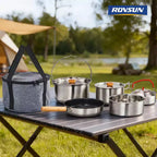 ROVSUN 6pcs Cookware Set, Stainless Steel Lightweight with Travel Bag for Open Fire, Camping, Outdoor Cooking for 4-6