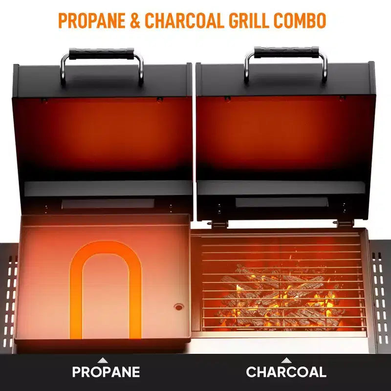 Barbecue Karl Home 2-en-1 à gaz propane et charbon de bois, plaque de cuisson plate de 12 000 BTU et barbecue au charbon de bois avec couvercle