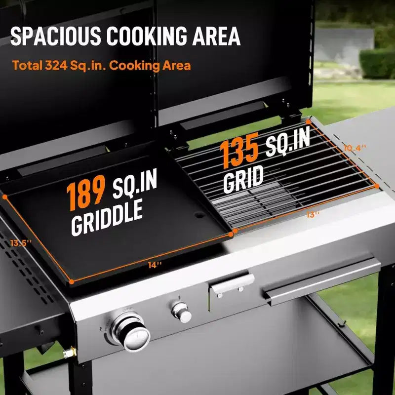 Barbecue Karl Home 2-en-1 à gaz propane et charbon de bois, plaque de cuisson plate de 12 000 BTU et barbecue au charbon de bois avec couvercle