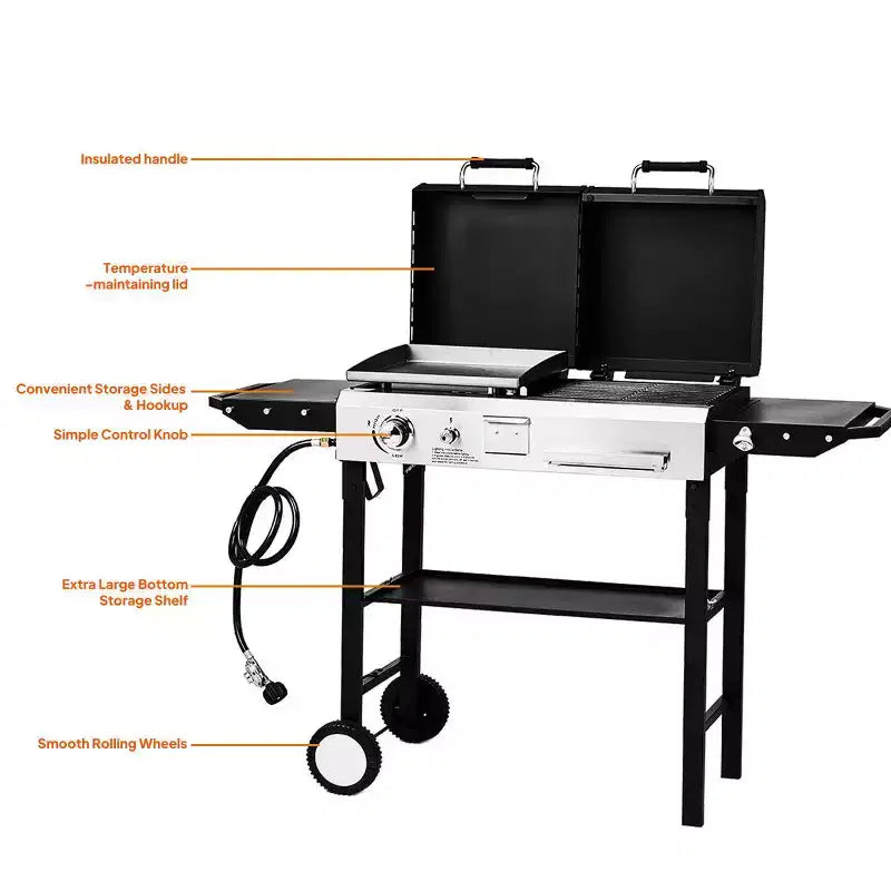 Barbecue Karl Home 2-en-1 à gaz propane et charbon de bois, plaque de cuisson plate de 12 000 BTU et barbecue au charbon de bois avec couvercle