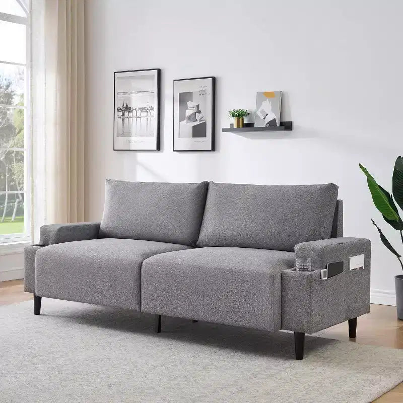 Sofa Couch for Living Room, Modern 2-Seater Deep Seating with Wood Leg, Storage Bag and Cup Holders, Upholstered Couches for Bedroom, Apartment