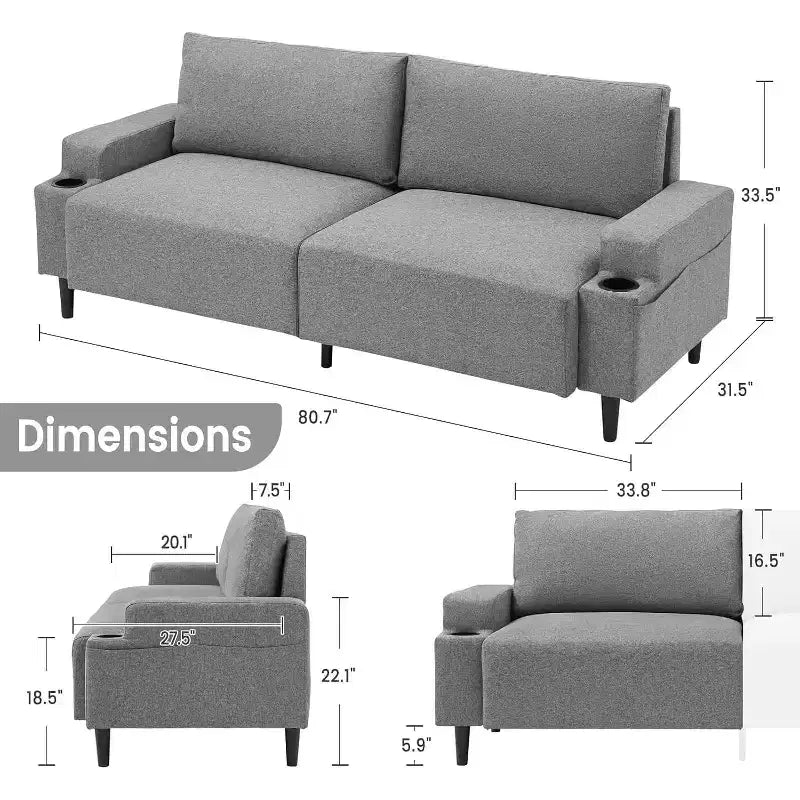 Sofa Couch for Living Room, Modern 2-Seater Deep Seating with Wood Leg, Storage Bag and Cup Holders, Upholstered Couches for Bedroom, Apartment