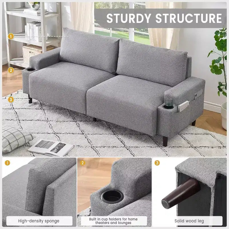 Sofa Couch for Living Room, Modern 2-Seater Deep Seating with Wood Leg, Storage Bag and Cup Holders, Upholstered Couches for Bedroom, Apartment