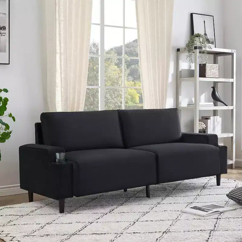 Sofa Couch for Living Room, Modern 2-Seater Deep Seating with Wood Leg, Storage Bag and Cup Holders, Upholstered Couches for Bedroom, Apartment