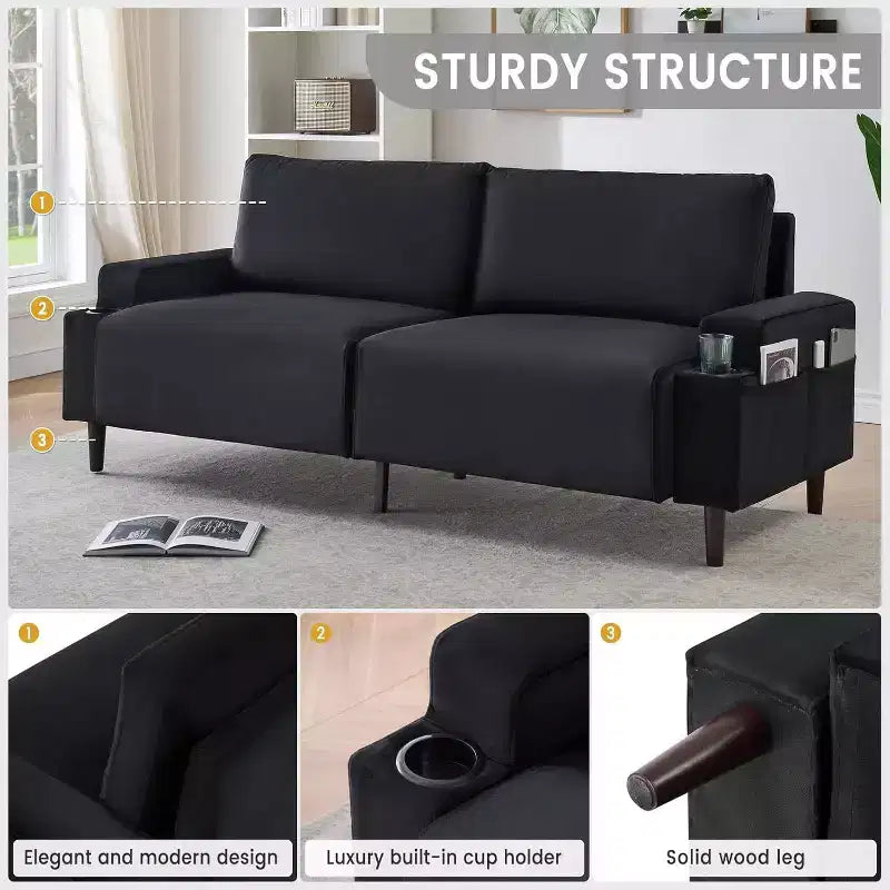 Sofa Couch for Living Room, Modern 2-Seater Deep Seating with Wood Leg, Storage Bag and Cup Holders, Upholstered Couches for Bedroom, Apartment
