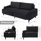 Sofa Couch for Living Room, Modern 2-Seater Deep Seating with Wood Leg, Storage Bag and Cup Holders, Upholstered Couches for Bedroom, Apartment