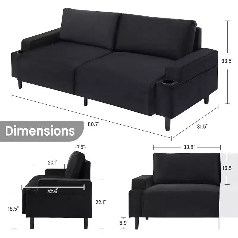 Sofa Couch for Living Room, Modern 2-Seater Deep Seating with Wood Leg, Storage Bag and Cup Holders, Upholstered Couches for Bedroom, Apartment