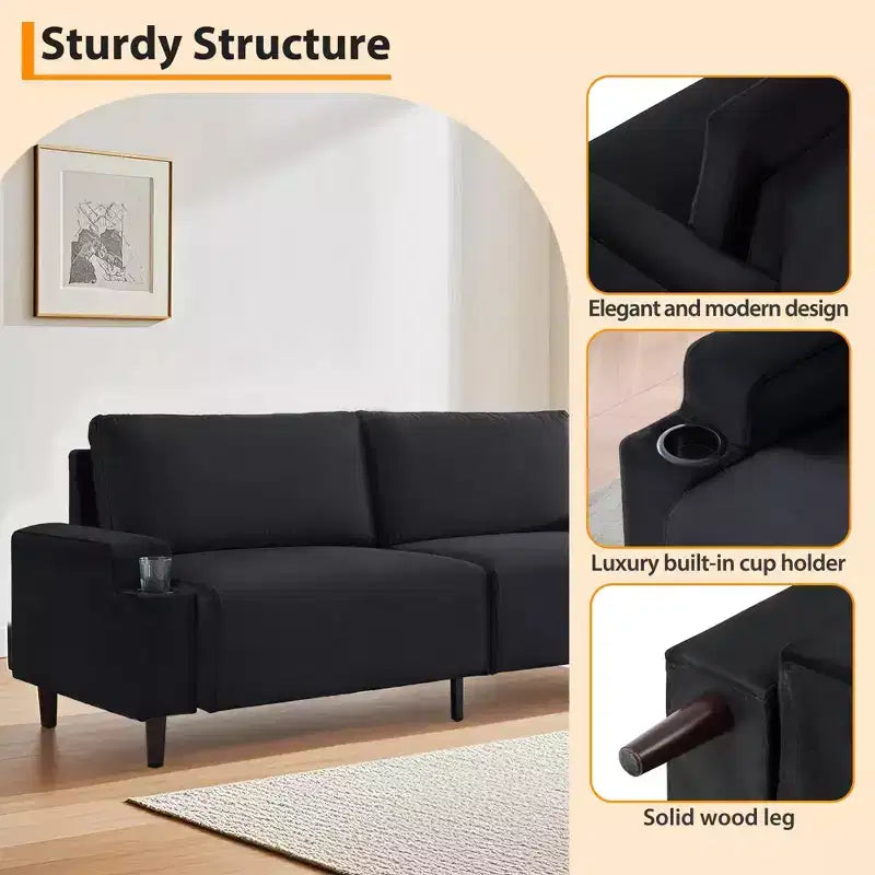 Sofa Couch for Living Room, Modern 2-Seater Deep Seating with Wood Leg, Storage Bag and Cup Holders, Upholstered Couches for Bedroom, Apartment